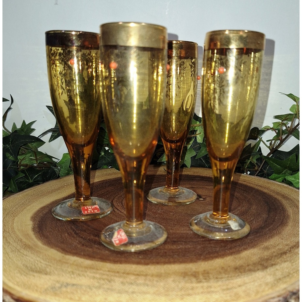 Very Rare Set of 4 Vintage Gold and Beaded Stem Cordial Liqueur glasses Carnival - Picture 2 of 10